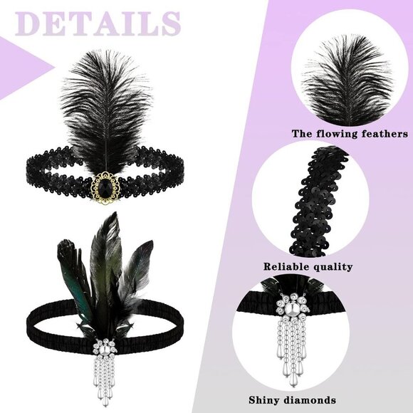 24 Pcs 1920s Flapper Headband Black Feather Costume Accessory for Women main image 5